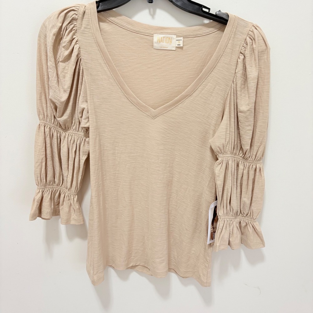 Nation LTD Puff Sleeve V-Neck Top  Tan small Pima Cotton Ruffle Slub